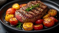 Juicy grilled beef steak with rare center, seasoned with herbs and spices, served with colorful roasted cherry tomatoes on black plate. Gourmet dinner preparation.