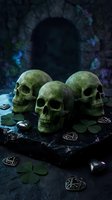 Three moss-covered skulls arranged on dark stone with mystical symbols, clover leaves, and glowing blue archway backdrop. Suitable for Halloween, gothic, occult, and dark fantasy designs.