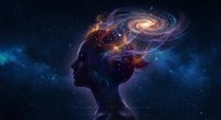 Human head silhouette with cosmic galaxy brain containing spiral nebula and stars against deep space background for consciousness and universe concepts.