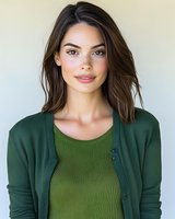 Young woman with natural makeup wearing green cardigan and olive top looking directly at camera with gentle smile against light background.