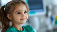 Young Caucasian girl with brown hair in ponytail wearing green shirt smiles warmly at camera in bright indoor setting, expressing joy and innocence. Natural lighting highlights gentle features.