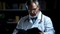 Mature male doctor with gray beard and glasses reviewing medical charts on tablet in dark office setting. Professional healthcare provider in white coat with stethoscope.