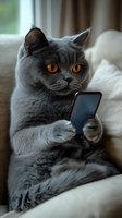 Grey British shorthair cat with bright orange eyes holding smartphone while lounging on white couch, humorous pet lifestyle concept for social media and tech.