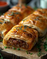 Homemade sausage rolls with golden flaky puff pastry, garnished with fresh herbs and sesame seeds on parchment paper, close-up view of savory meat pastries.