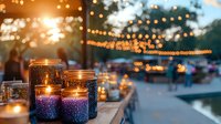 Glowing mason jars with purple glitter and lit candles on wooden railing at sunset, string lights bokeh in background creating romantic outdoor ambiance.