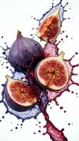Fresh figs with dynamic juice splash on white background. Whole and sliced purple fruits with red flesh creating colorful liquid motion for culinary designs.