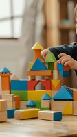 Small child playing with colorful wooden building blocks, stacking and arranging geometric shapes on wooden table in bright room with natural light.