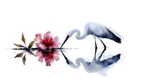 White heron standing in calm water with pink flower reflection creating symmetrical mirror composition against minimalist watercolor background.