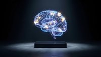 Glowing digital brain hologram with neural network connections floating above black platform on dark background for artificial intelligence concepts.