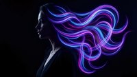 Woman with flowing neon light hair in purple and blue colors against dark background. Digital art concept for technology and futuristic design projects.
