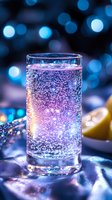 Sparkling drink in tall glass with bubbles and bokeh lights creating magical atmosphere, purple and blue colors blend for festive celebration mood.
