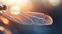 Delicate dragonfly wing with translucent membrane catching golden sunlight, showing intricate vein patterns against dark blurred bokeh background. Nature macro photography.