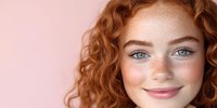 Young woman with natural red curly hair, bright blue eyes and freckles smiling warmly against pink background. Close up portrait showing genuine happiness.