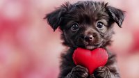 Adorable black mixed breed puppy holding red heart plush toy against pink bokeh background. Valentine's day or pet love concept for greeting cards and social media.