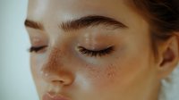 Young woman with natural freckles and closed eyes in soft morning light, showing clean glowing skin and long eyelashes. Close-up beauty portrait highlighting natural features.