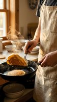 Chef cooking golden pancakes in cast iron skillet with steam rising in warm sunlit kitchen wearing linen apron for breakfast preparation and culinary content.