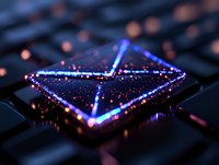 Glowing envelope icon on computer keyboard with sparkles and neon blue light effect against dark background, digital communication concept.