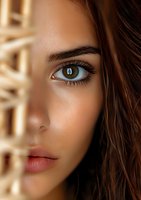 Close-up portrait of a young woman's face partially hidden behind geometric shadows, featuring intense green eye, defined eyebrow, and natural makeup look.