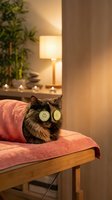 Tortoiseshell cat with cucumber slices on eyes relaxing on massage table in warm spa setting with candles and plants for wellness treatment.