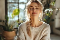 Young Caucasian woman in cozy knit sweater enjoying peaceful moment at home with eyes closed, soft natural lighting and houseplants creating serene atmosphere.