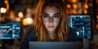 Young businesswoman in glasses working late at computer with financial charts and data analytics displays glowing in dark office environment.