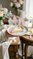 Hand holding plate with lemon meringue pie slice in cozy cafe setting with fresh flowers and soft natural lighting for food photography and culinary content.