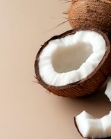 Fresh coconut halves showing white flesh and brown shell on beige background, dramatic lighting creates contrast between crisp white meat and textured husk.