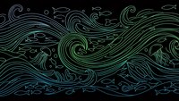 Abstract ocean waves pattern with flowing lines and fish silhouettes in gradient colors on dark background for modern design projects and decorative applications.