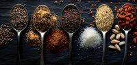 Variety of seeds, nuts and spices in vintage silver spoons on dark wooden background, perfect for healthy eating, cooking blogs and food marketing.