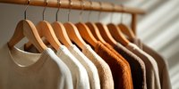 Row of neutral-colored knitted sweaters hanging on wooden hangers in warm sunlight, showcasing minimalist wardrobe organization for sustainable fashion.