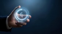 Hand holding glowing digital eye with iris recognition technology, representing biometric security, data protection, and futuristic authentication systems for business applications.