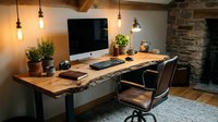 Workspace with wooden desk, desktop computer monitor, leather office chair, potted plants, and pendant lighting in modern home office setting.