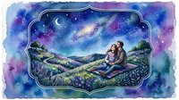Romantic couple stargazing under cosmic night sky with crescent moon and galaxy. Watercolor illustration for wedding invitations and love-themed designs.