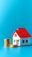 Miniature house model with red roof and golden coins on bright blue background representing real estate investment and mortgage savings concept.