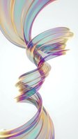 Colorful iridescent ribbons twist and flow in dynamic spiral motion against white background, creating abstract flowing design with vibrant rainbow gradient tones.