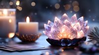 Glowing crystal lotus flower candle holder with soft burning candles in background creating magical spiritual atmosphere for meditation and relaxation.