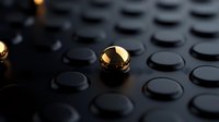 Metallic gold sphere standing out among black circular shapes, creating contrast and depth with dramatic lighting and reflective surfaces. Modern minimal design.