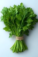 Fresh green parsley bunch tied with twine on light background. Vibrant herb leaves and stems arranged in culinary presentation for cooking and garnish use.