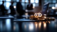 Glowing golden gears on stacked coins against blurred business silhouettes background, symbolizing financial mechanisms and monetary growth in corporate setting.