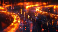 Futuristic digital cityscape with glowing orange light trails and data streams creating curved paths through abstract urban environment at night.