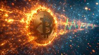 Golden cryptocurrency coin surrounded by blazing energy trails and glowing particles against deep blue space background, symbolizing digital finance momentum.