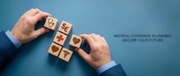 Male hands in blue business shirt arranging wooden blocks with healthcare icons on blue background, representing medical insurance planning and health coverage selection for future security.