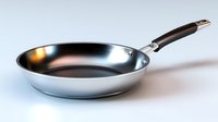 Stainless steel frying pan with wooden handle isolated on white background, essential cookware for home kitchen and professional cooking.