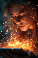 Young woman with freckles illuminated by magical glowing particles and warm light, eyes closed in peaceful expression against dark background with floating bokeh effects.