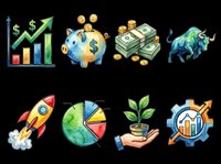 Watercolor finance and investment icon set isolated on transparent background, ready for stickers, clipart, t-shirt design, and print on demand projects.