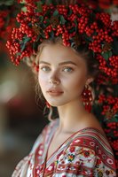 Young woman with blue eyes wearing traditional embroidered clothing and elaborate headdress of red berries and green leaves in portrait setting.