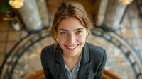 Young professional businesswoman with bright smile in formal suit looking up at camera, perfect for corporate marketing, leadership or success concepts.