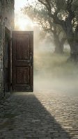 Open wooden door leading to misty cobblestone path with ancient trees in soft morning light creating mystical atmospheric scene for storytelling concepts.