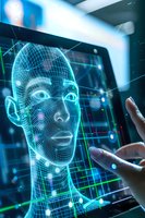 Digital wireframe head projection with glowing blue interface and interactive touch controls, representing advanced facial recognition and AI technology analysis.