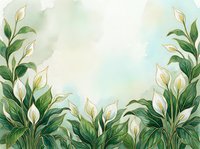 Watercolor peace lily flowers frame with green foliage on soft pastel background for wedding invitations and botanical design projects.